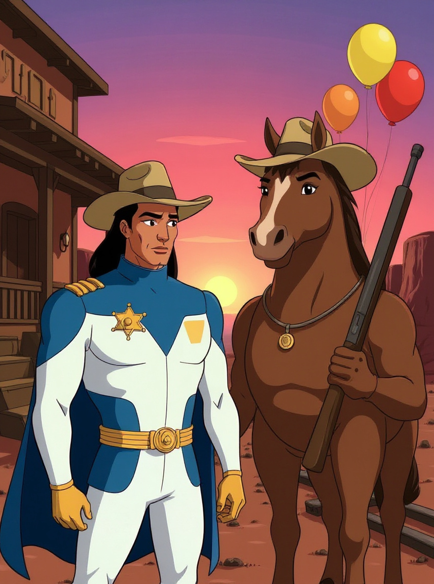Judge J.B. McBride stands on Fort Kerium's porch, arms crossed, staring at BraveStarr and Thirty/Thirty. Sunset shadows creep across the jail's wall.