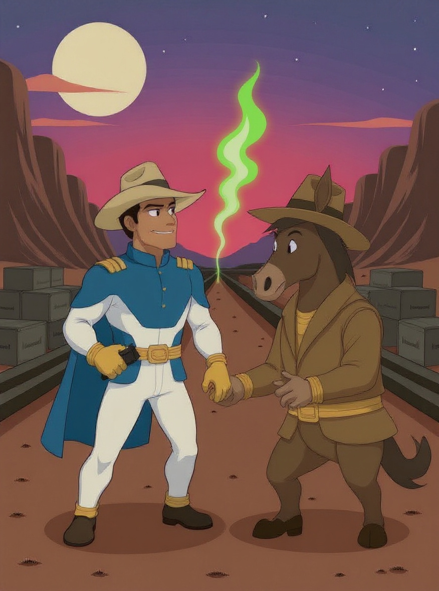 BraveStarr stands at canyon edge, animal calm returning, New Texas night rising. Prairie stars over mesas.