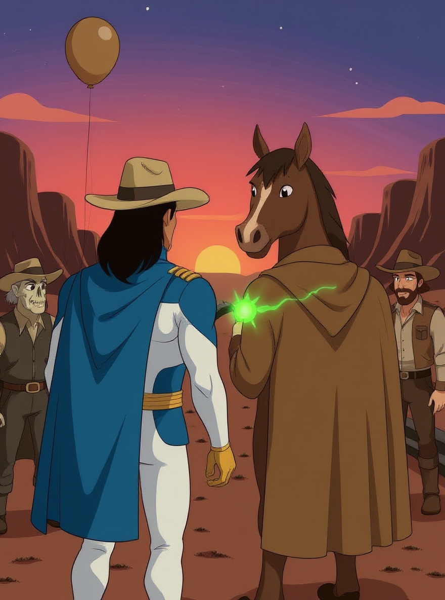 They peer over rim of a box canyon: Tex Hex's gang guards kerium crates below, green magic glows at the twisted rails.