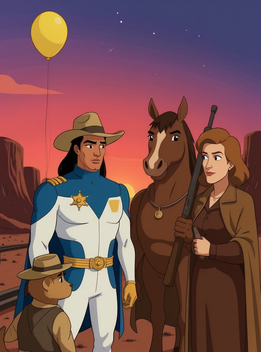 Deputy Fuzz, small and earnest, flags them down, pointing toward the distant mesas; dusk deepens.