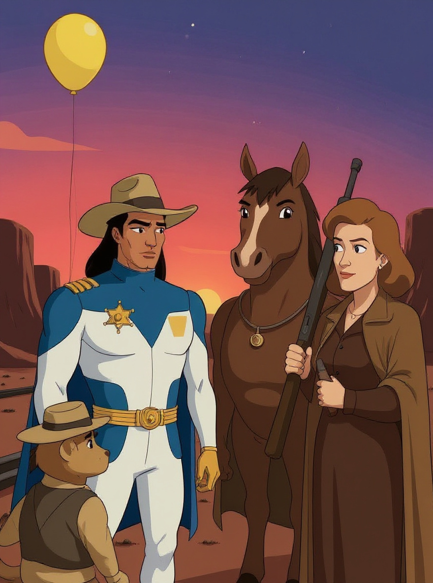 BraveStarr kneels, hand on wagon rut in dusty ground, eyes sharp. Thirty/Thirty stands guard behind him. The sun is now low.