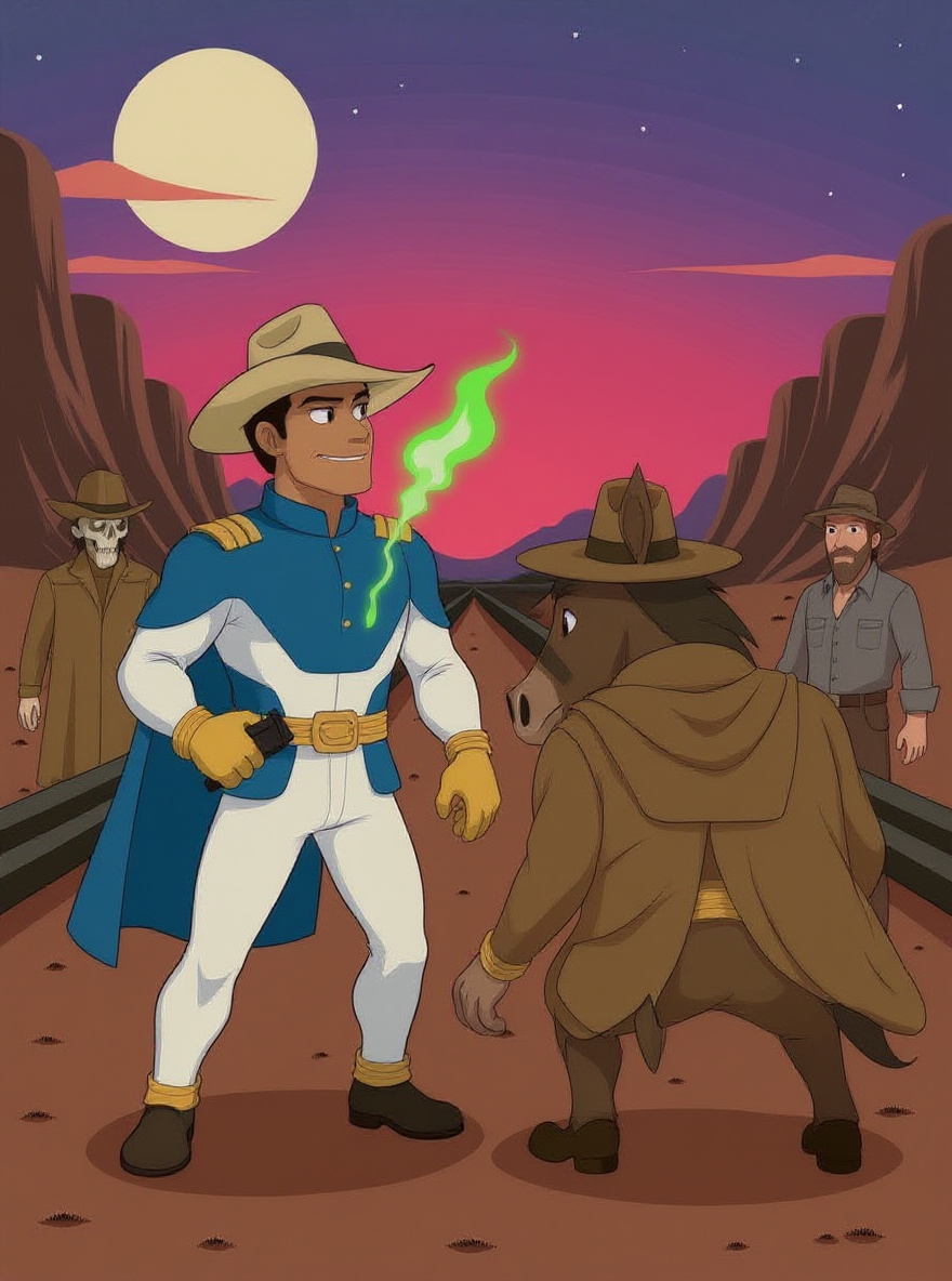 BraveStarr has Tex Hex pinned, spirit hawk energy overlaying him; the green magic fades, rails straighten, outlaws surrender.