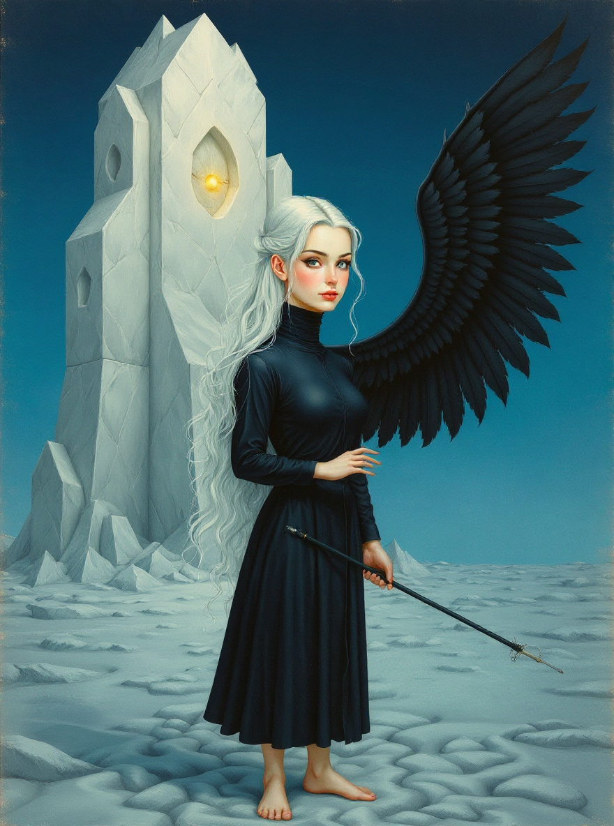 Aeriel stands alone before the towering pale stone of the Ice Keep under moonlight, spindle in hand, dust-sea behind her.