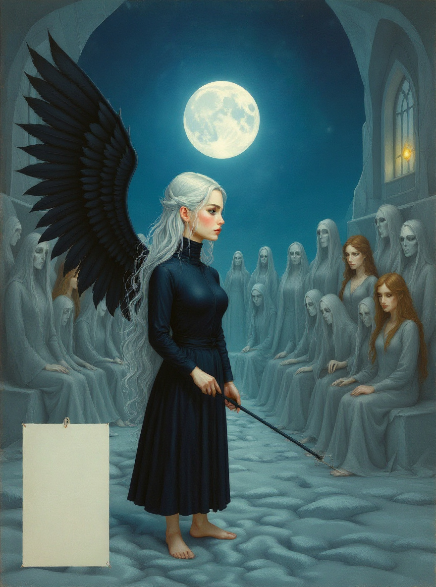 Aeriel enters the cold, moonlit spinning room; thirteen wraith-brides sit in a circle, Eoduin among them.