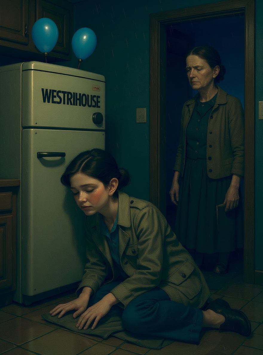 Back to childhood: night, Rachel asleep on the kitchen floor, one arm draped around the base of the refrigerator.