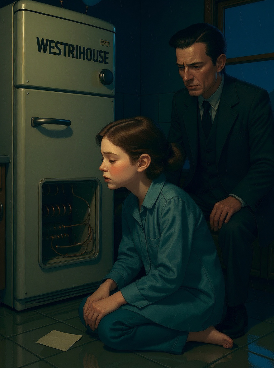 Rachel, lying on her stomach, stares into the exposed guts—copper tubes and wires—face lit by the refrigerator's low light.