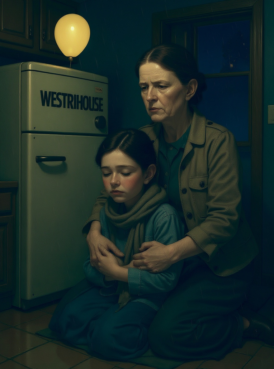Close shot: Rachel, sleepily looking up as her mother cradles her, mother’s profile gentle but confused; the Westinghouse looms behind, kitchen in blue night shadow.