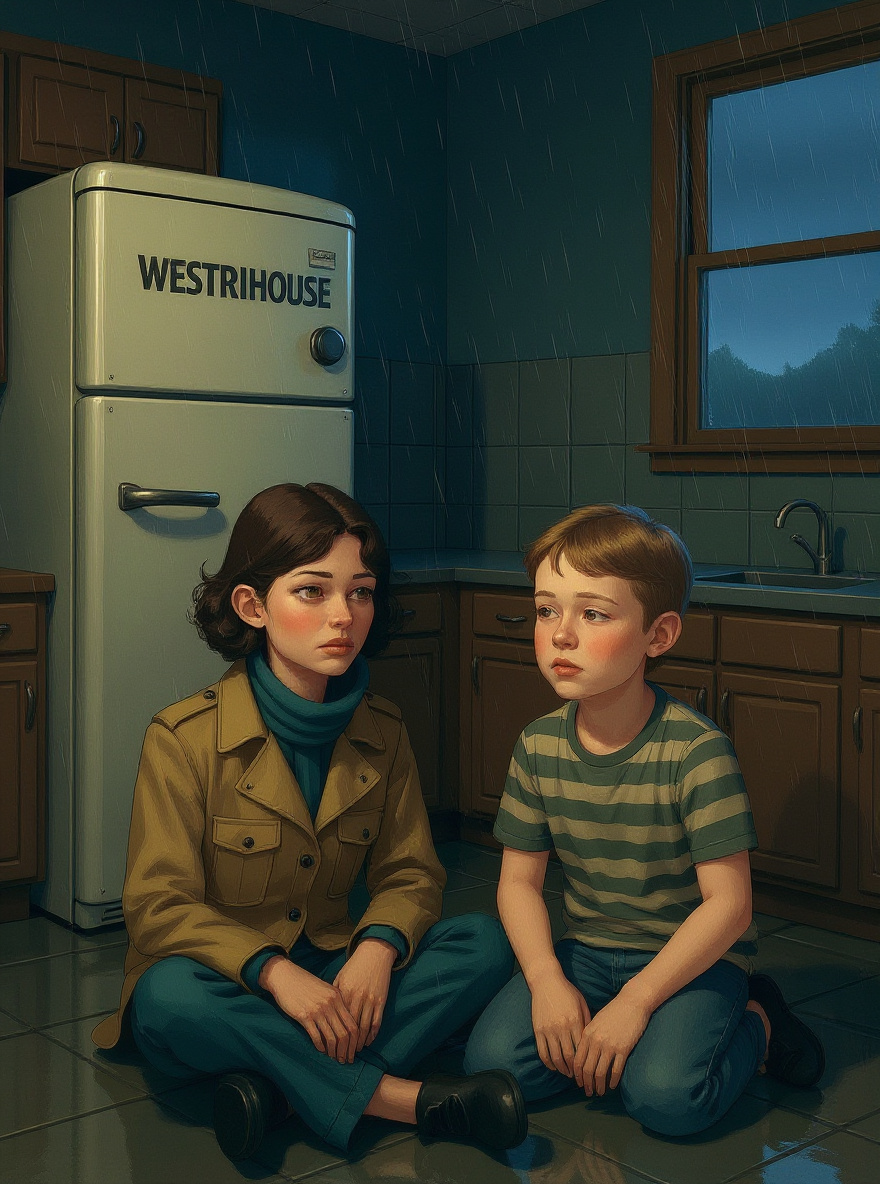On a rainy afternoon, Rachel and Howie, in casual clothes, kneel beside the fridge. Howie whispers, scanning the kitchen conspiratorially.
