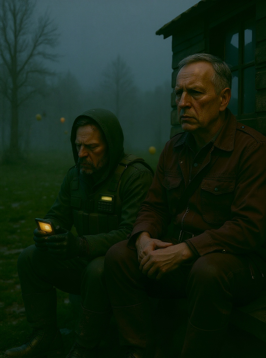 Marked One alone in the ruined outbuilding, radio crackling, dawn fog thick.