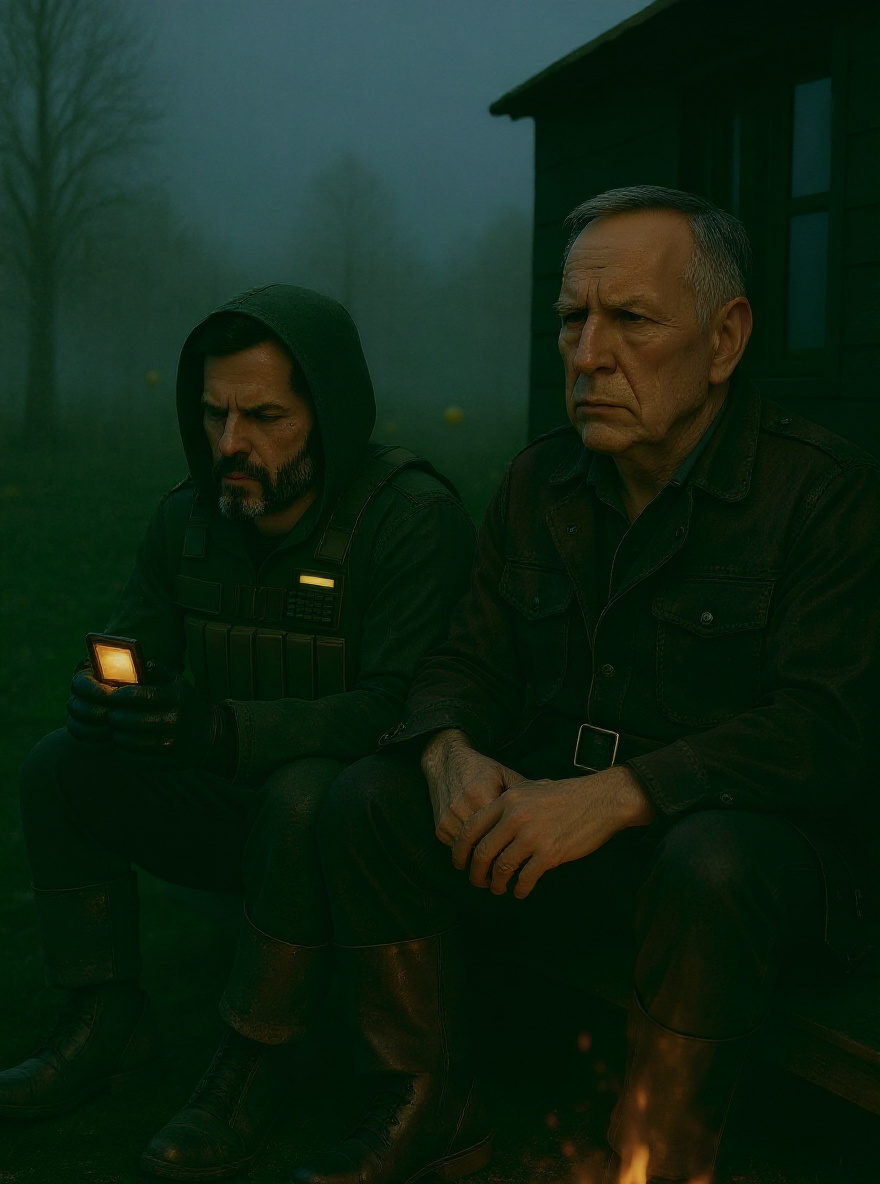 Marked One sits by a smoldering campfire near the cordon, watching embers swirl into fog.