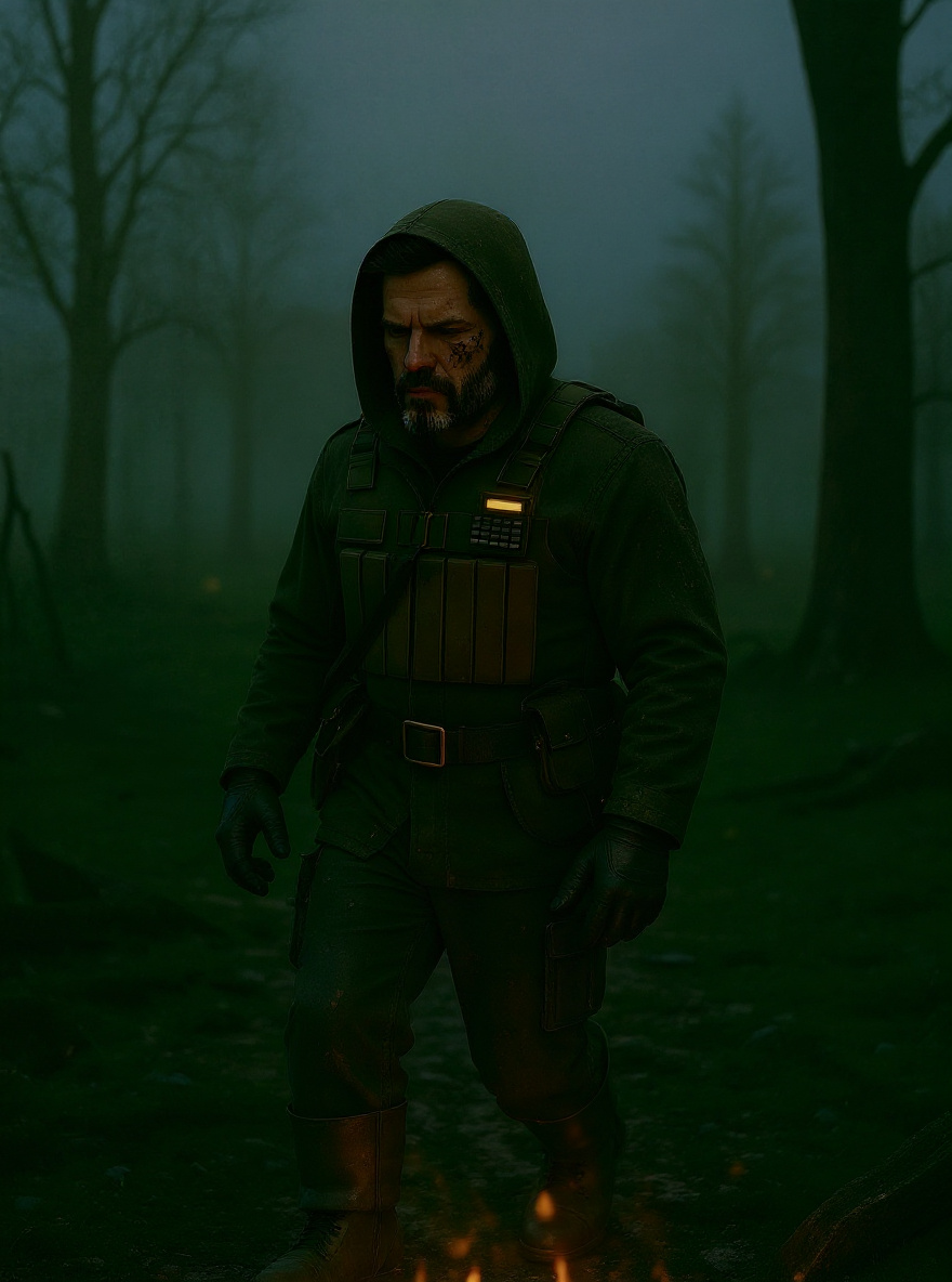 Marked One, rifle slung, walks alone into heavy fog, outlines of ruined trees ahead.