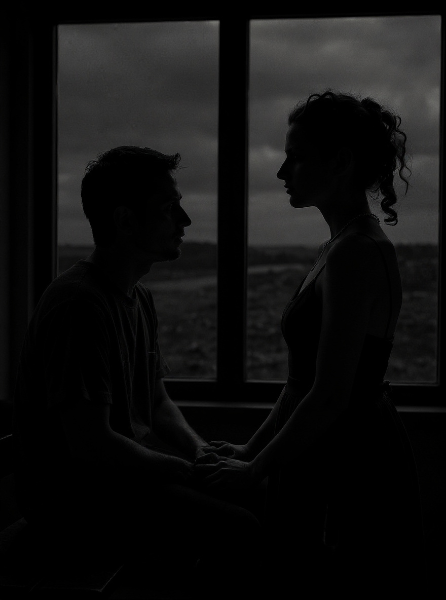 Jonas and Fiona, silhouetted against the window, both staring outward—Fiona’s hair now subdued, world gray again. A sense of hope and dread.