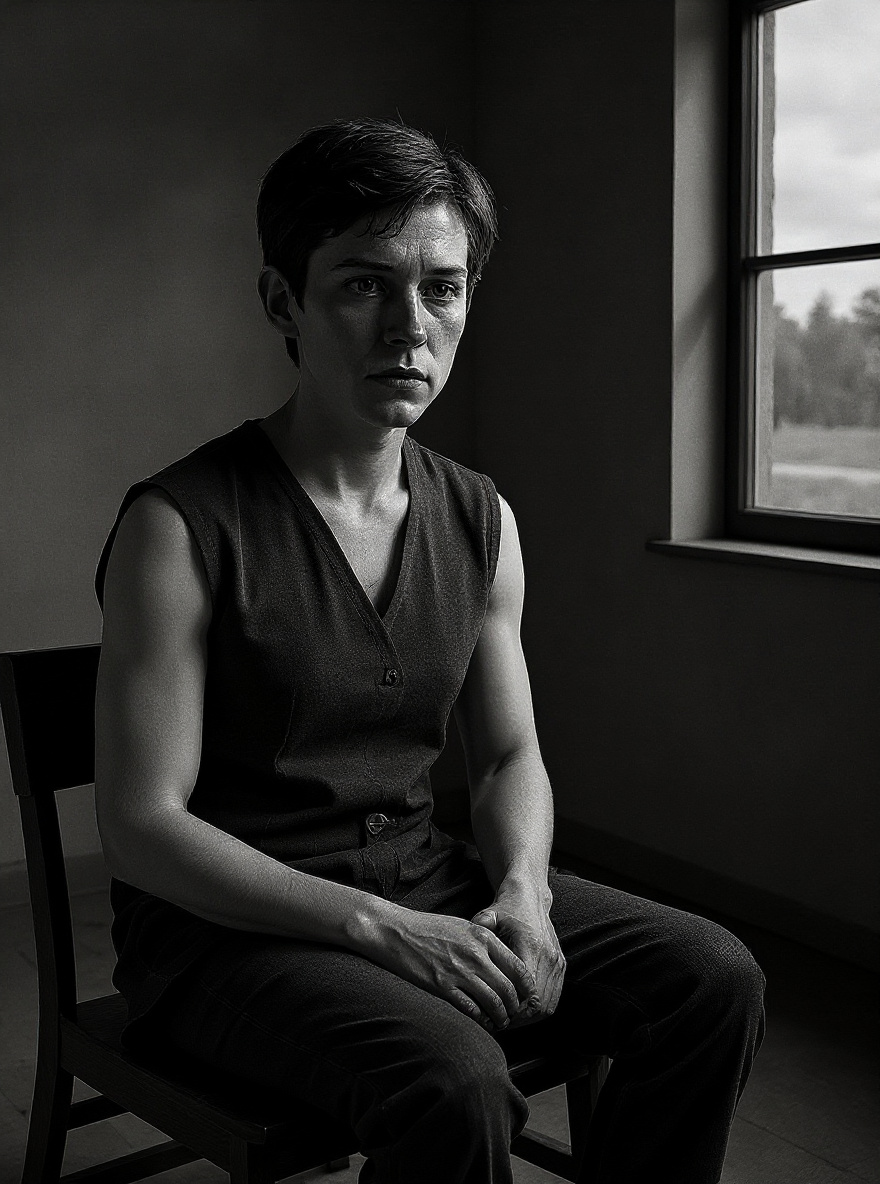 Jonas sits alone on a simple bench in the stark, high-contrast Annex. Outside, the world is only shades of gray; sunlight streams through a large window, casting his silhouette and sharp shadows. The room is minimalist and severe, with smooth matte textures and blank walls.