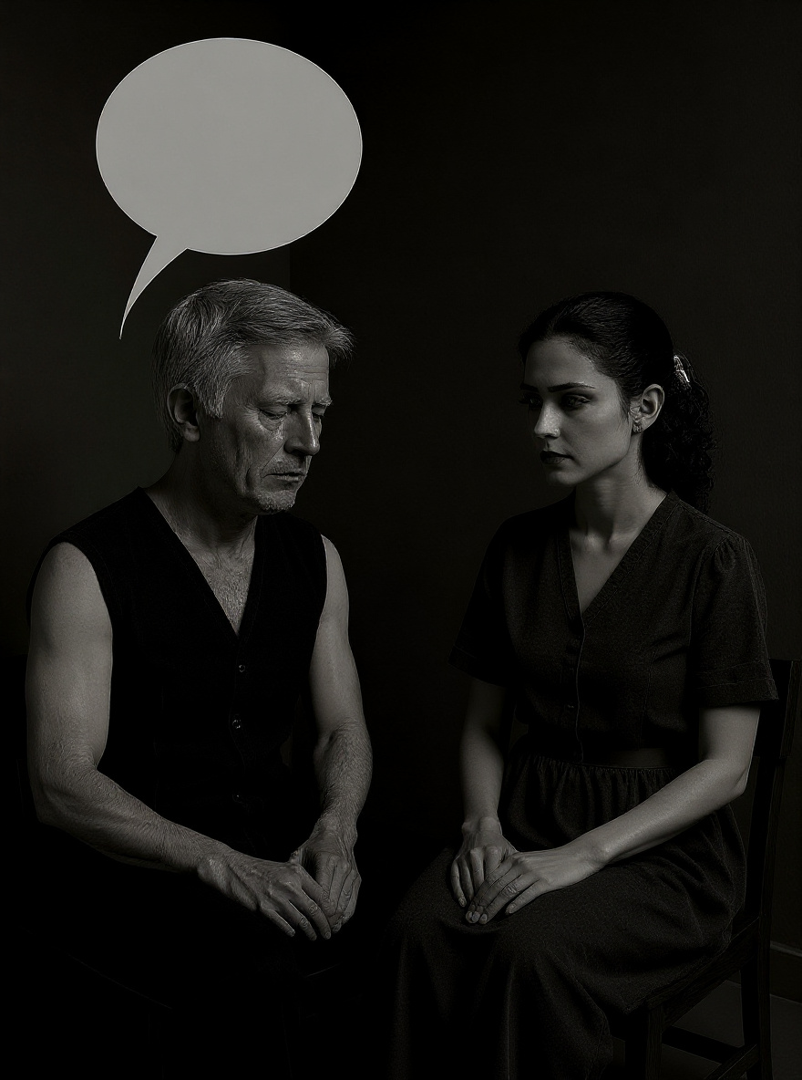 Medium close-up: Jonas, hands clasped, looks down, voice low. Fiona stands near, listening intently.