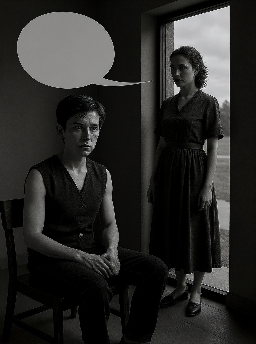 From Jonas's perspective, the door opens softly; Fiona stands hesitant in the doorway, light outlining her silhouette, her curly hair tied back, wearing her standard gray dress.