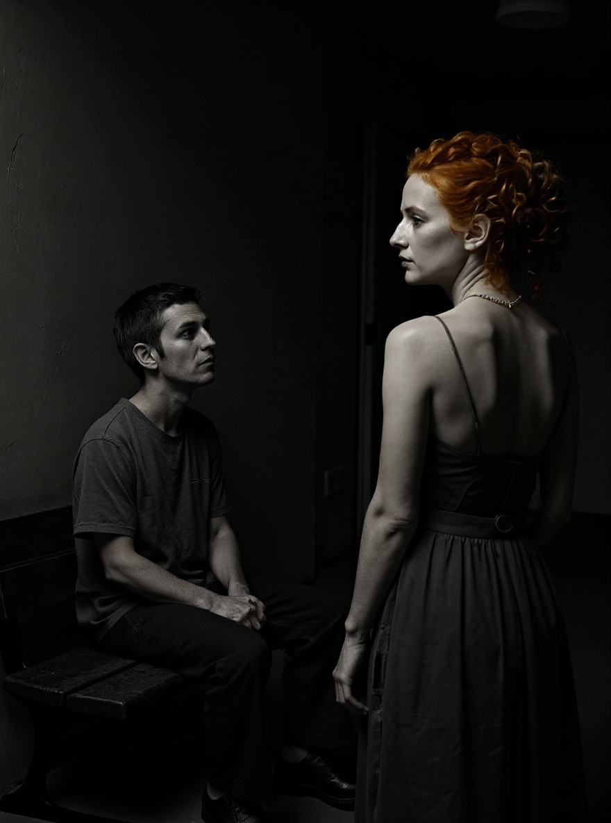 Jonas and Fiona stand side by side, close but not touching, their shadows mingling on the wall. Fiona’s hair blazes in color, everything else is gray. The window light bathes them, a single moment of defiant beauty.