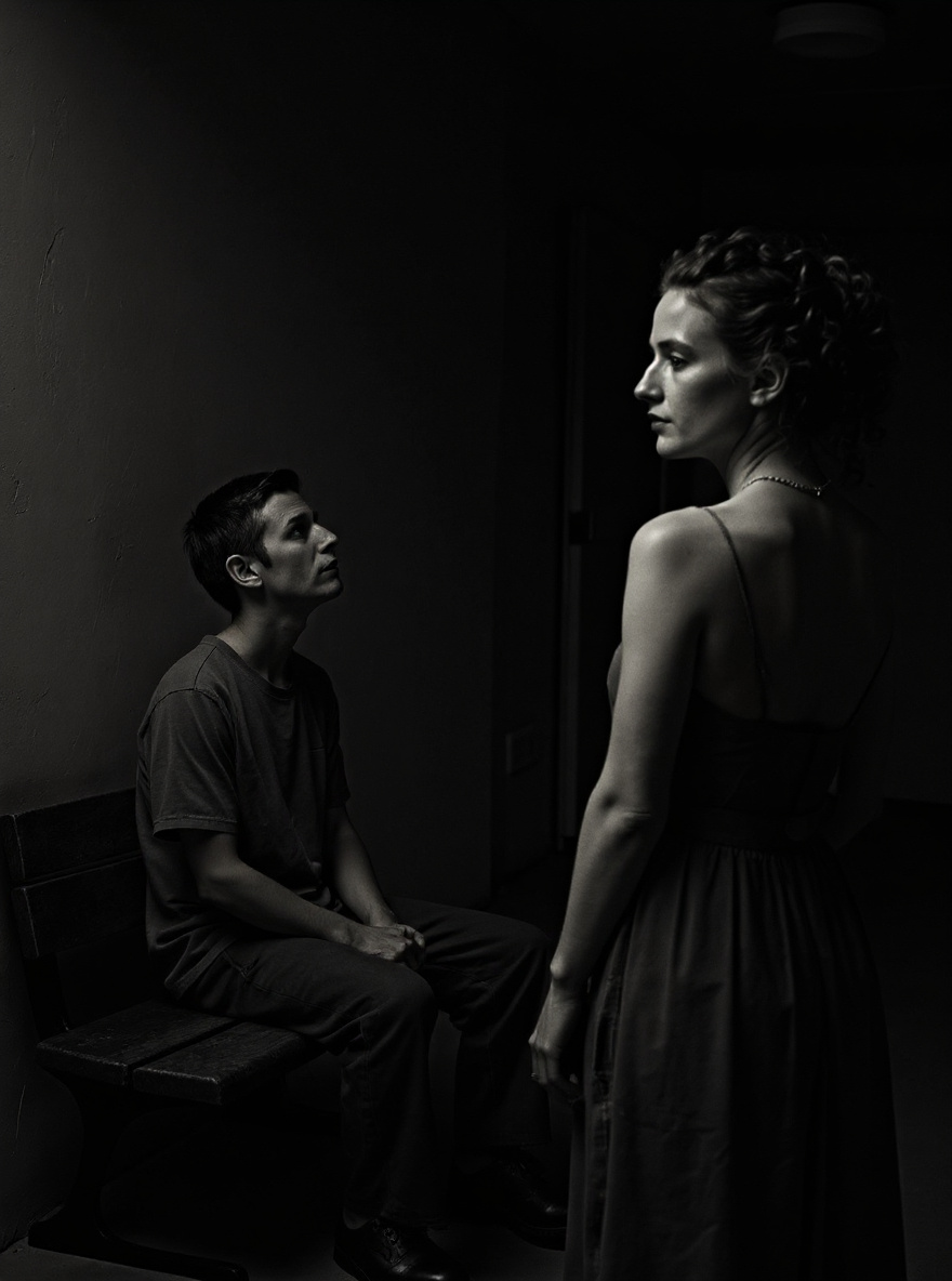 Side profile of Jonas, awe in his face, Fiona’s hair a vivid beacon in gray. Fiona half-turns, shy but strong.