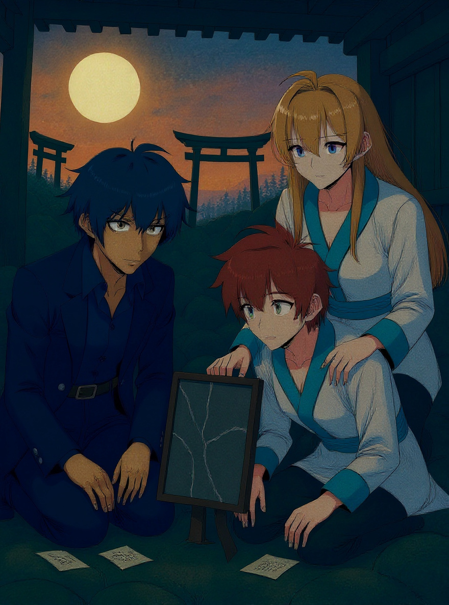 The three stand together at the ruined shrine’s entrance, golden light spilling over them. The torii gate and the wild forest frame them as Mahiro looks determined, Hakaze resolute, and Yoshino calm but wary. Their postures are united, ready for what’s next.