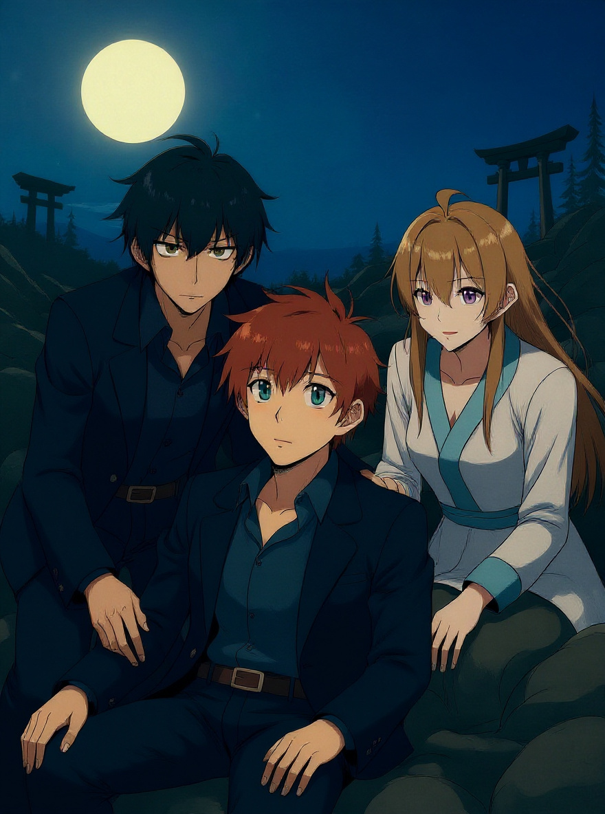 The trio approach the ruined torii gate, Hakaze leaning on Mahiro, as Yoshino leads the way into shadowy woods.