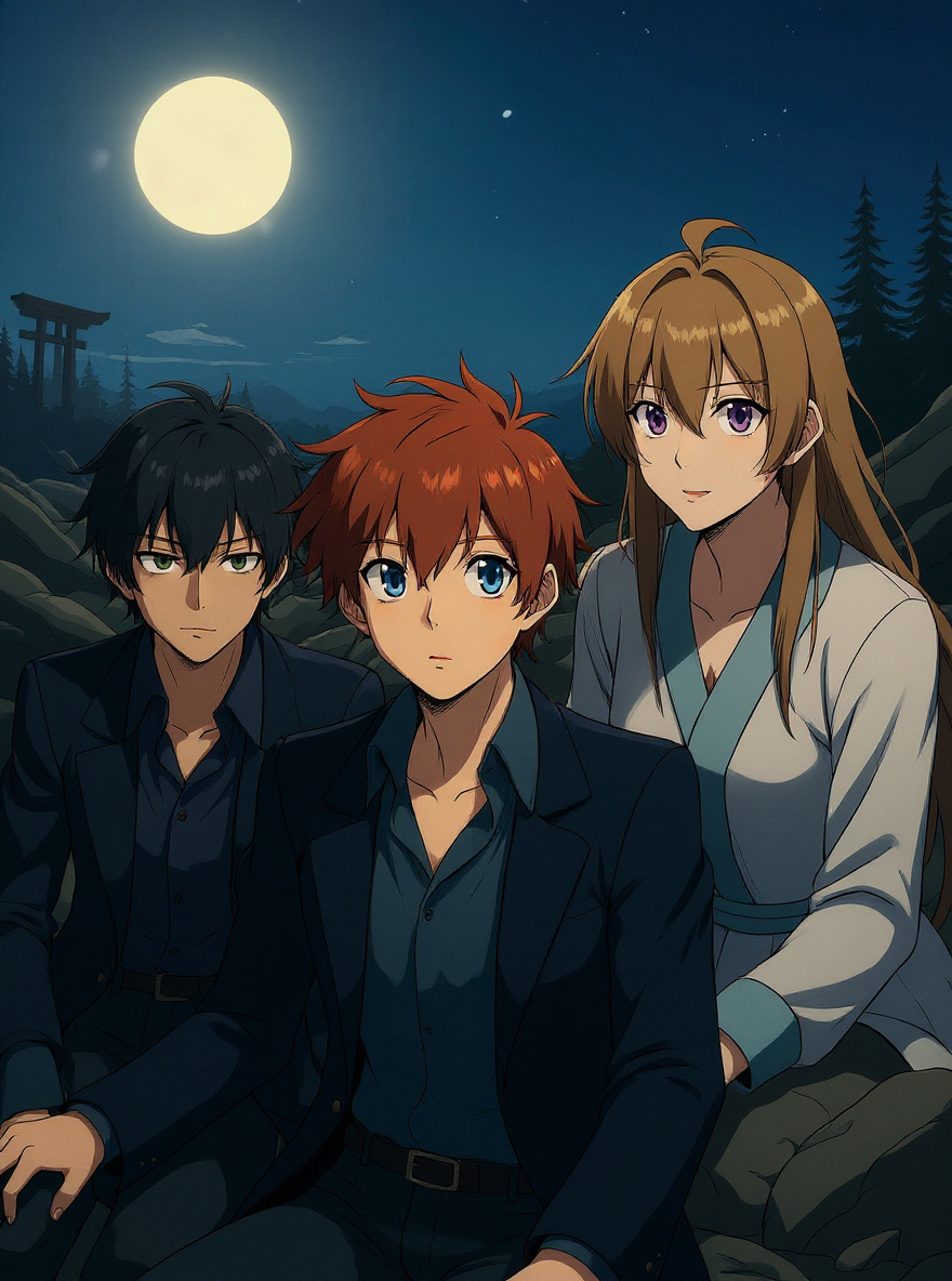 Mahiro, Yoshino, and Hakaze lie on a shadowed, rocky island beach at dawn. Wreckage of the ship and driftwood litter the sand, twisted pines line the background, and distant waves roll in under a cold sky. Hakaze's white and blue robe is soaked and Mahiro is kneeling over her while Yoshino sits nearby, shivering. The ruined torii gate is just visible beyond.
