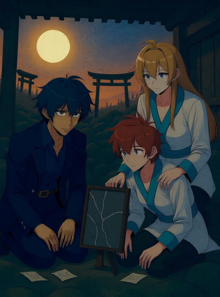 Hakaze stands, hand still on the mirror, solemn, while Mahiro faces her, defiant. Morning gold filters in, catching dust motes.
