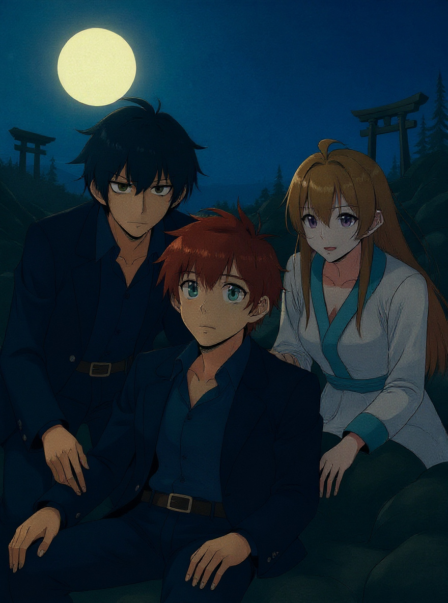 They stand in front of the battered shrine, roof half-collapsed, faded talismans fluttering. Hakaze looks up in awe, Mahiro tense, Yoshino watchful.