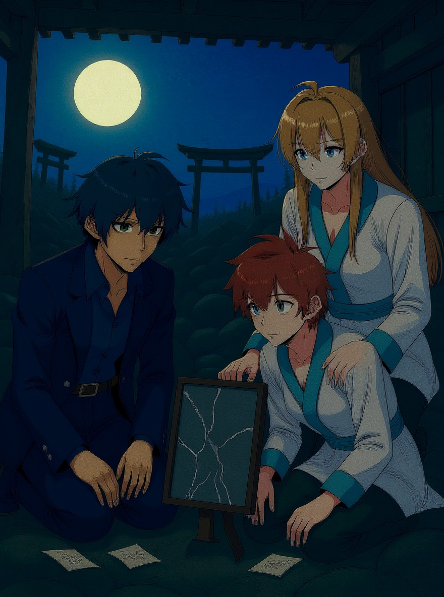 Yoshino crouches near the entrance of the shrine, watching the woods, wary, as Mahiro and Hakaze discuss near the altar.