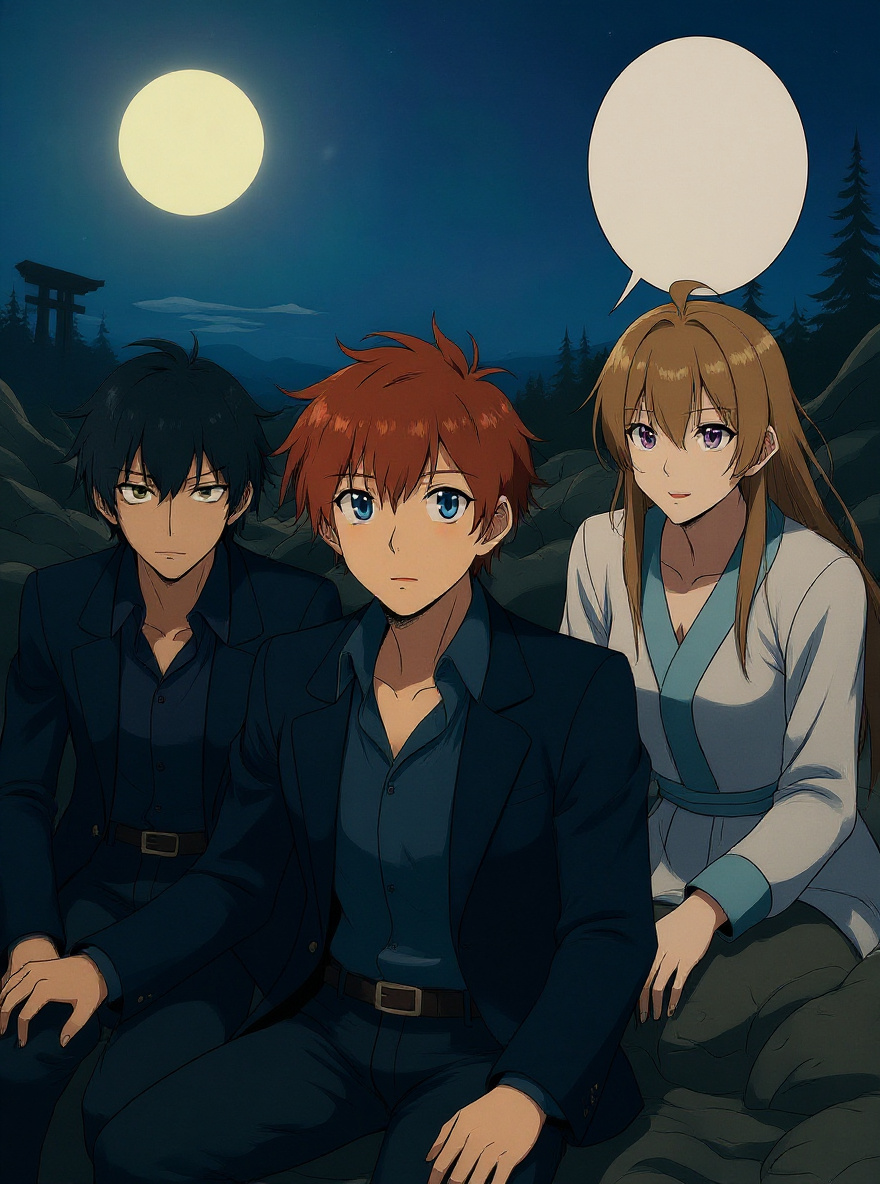 Mahiro kneels beside Hakaze, gently shaking her awake on the sand while Yoshino watches from a short distance, hugging his knees. Early morning light filters through.