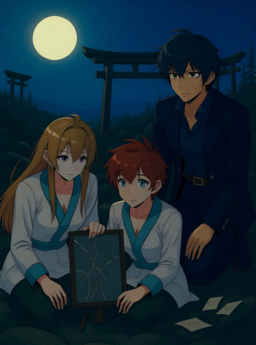 Hakaze kneels at the broken altar, hand reaching for a gleaming, cracked mirror. Mahiro and Yoshino stand behind her, anxious.