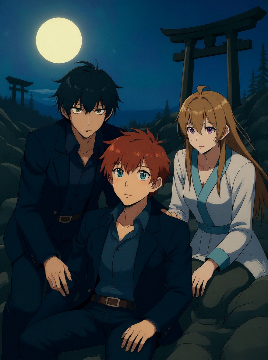 Yoshino, now standing, scans the edge of the forest beyond the sand as Mahiro helps Hakaze to sit up. The ruined torii is more visible in the background.