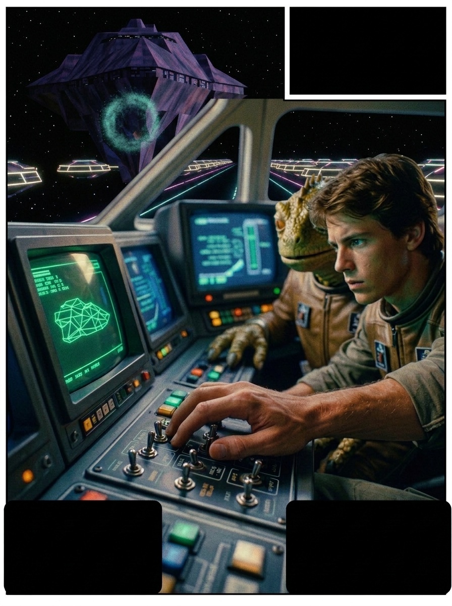 Top-hinged panel: Alex fires a blank pulse at the flagship, Ko-Dan ships flash their lights in reply.