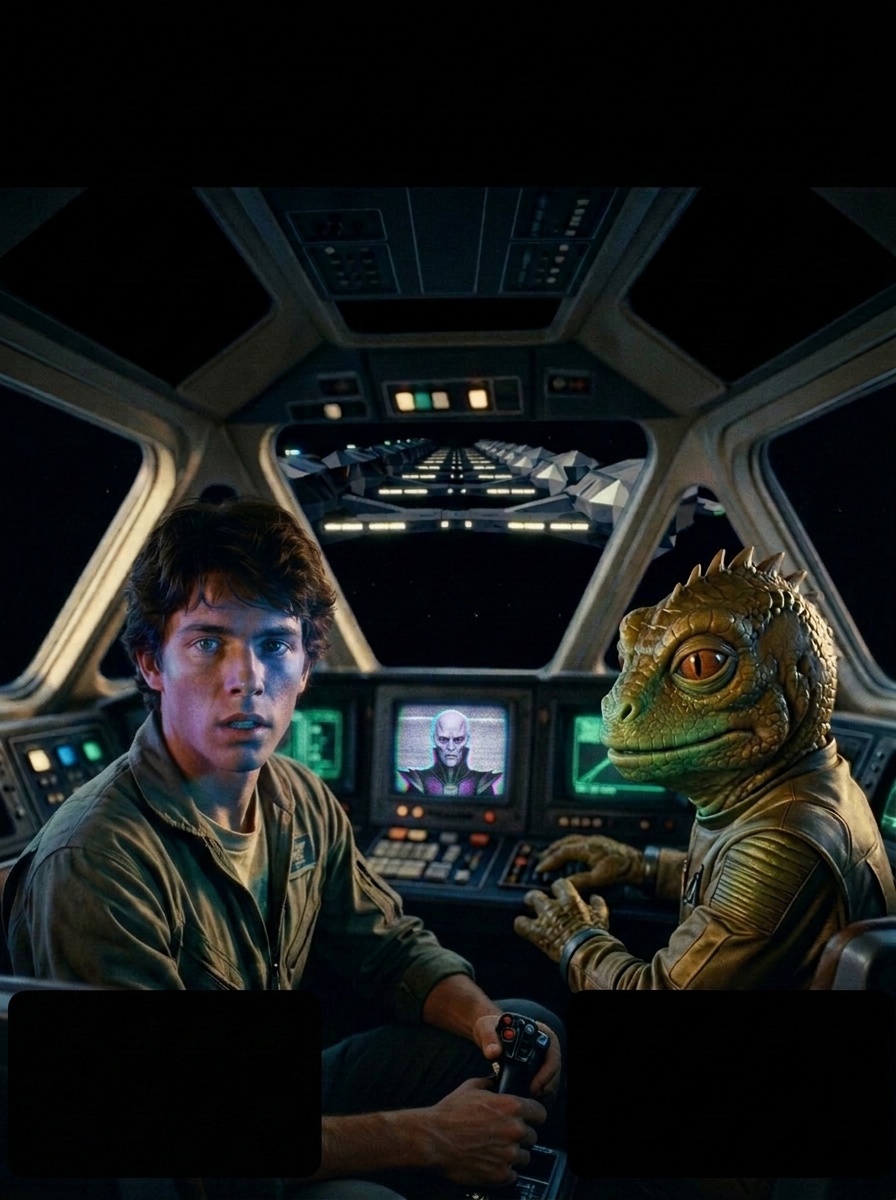 On the cockpit comm, Xur’s pale, sharp face appears, a faint sneer under matte black.